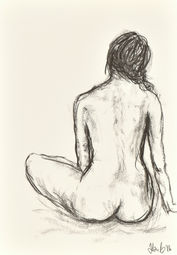back view of a seated nude female with long dark hair