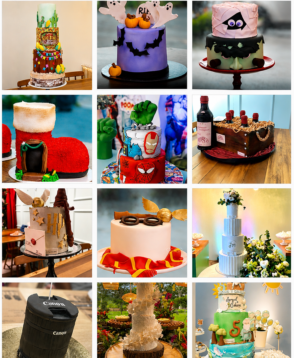 Criações artísticas do chef confeiteiro Ronaldo Savaris: bolos temáticos personalizados para datas especiais e histórias de vida, destacando personagens, super-heróis, universos mágicos e detalhes meticulosos.