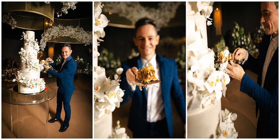 Ronaldo Savaris orgulhosamente ao lado do majestoso bolo de casamento que ele elaborou, com camadas sofisticadas de limão siciliano com brigadeiro branco, geleia de frutas vermelhas, baunilha com recheio de castanhas e cupuaçu.