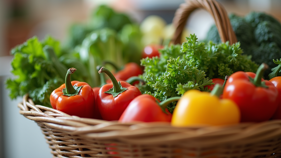 Close-up view of a grocery basket filled with fresh vegetables and budget-friendly staples