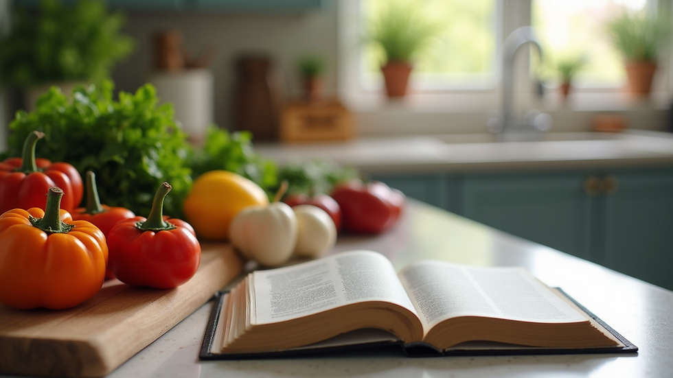 Eye-level view of a kitchen counter with fresh vegetables and a Bible open beside a cutting board