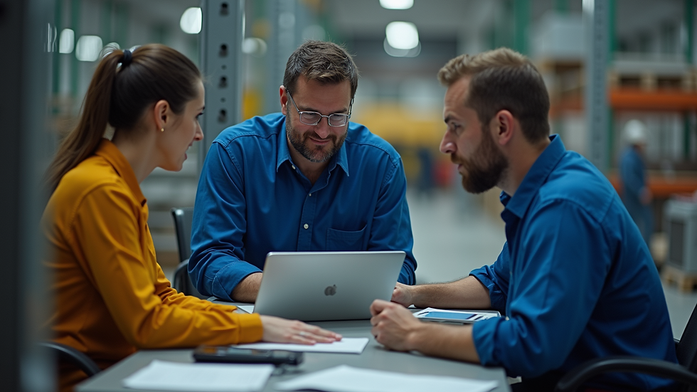 High angle view of a maintenance team meeting around a laptop