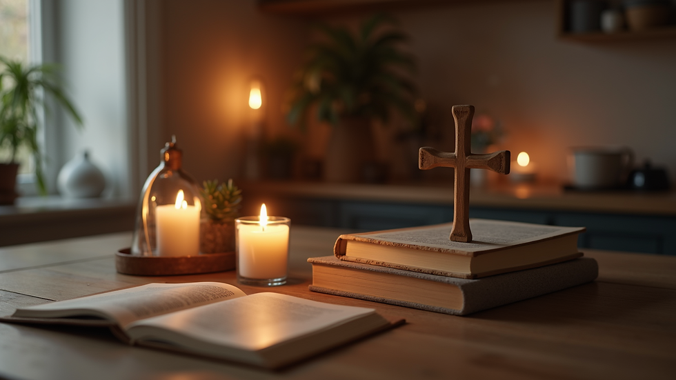 Close-up of a kitchen table with a lit candle, a small cross, and a devotional journal