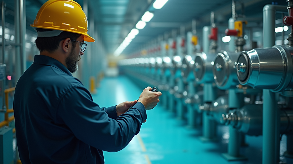 High angle view of a worker inspecting water quality in a facility