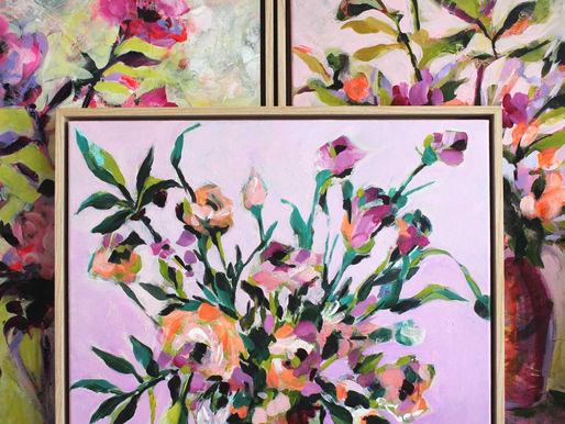 Group of three framed abstract botanic paintings by Carolyn Quan