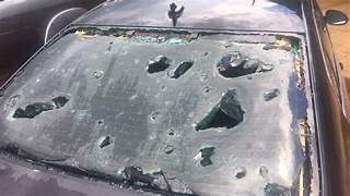 Car windshield with several large holes and cracks throughout made by very large pieces of hail.