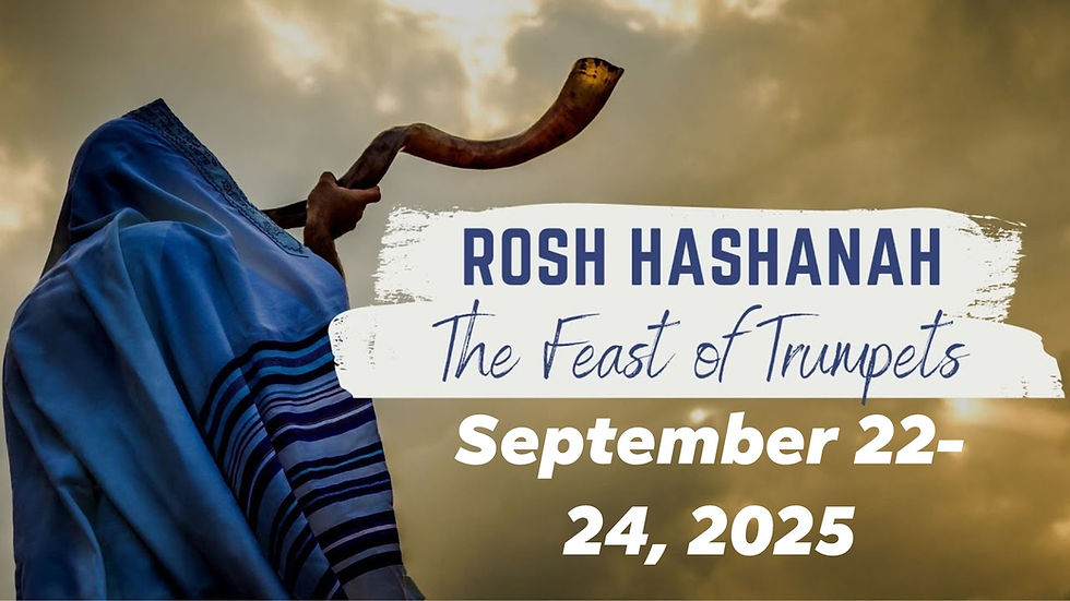 Person in a blue and white shawl blows a shofar against a cloudy sky. Text: Rosh Hashanah, The Feast of Trumpets.