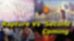 People gaze at a scene split in two: angels ascending in clouds on the left, riders in a fiery sky on the right. Text: "Rapture Vs Second Coming".