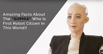 A humanoid robot with light skin and no hair is on the right; text on a gray background on the left discusses its citizenship.