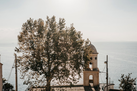 terrace and bell tower overlooking the sea on the Amalfi coast