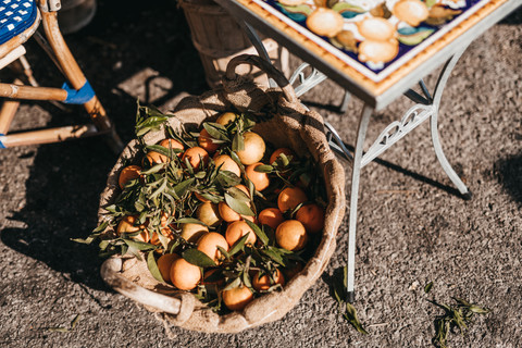 basket full of lemons at a fruit sellers stall on the Amalfi coast
