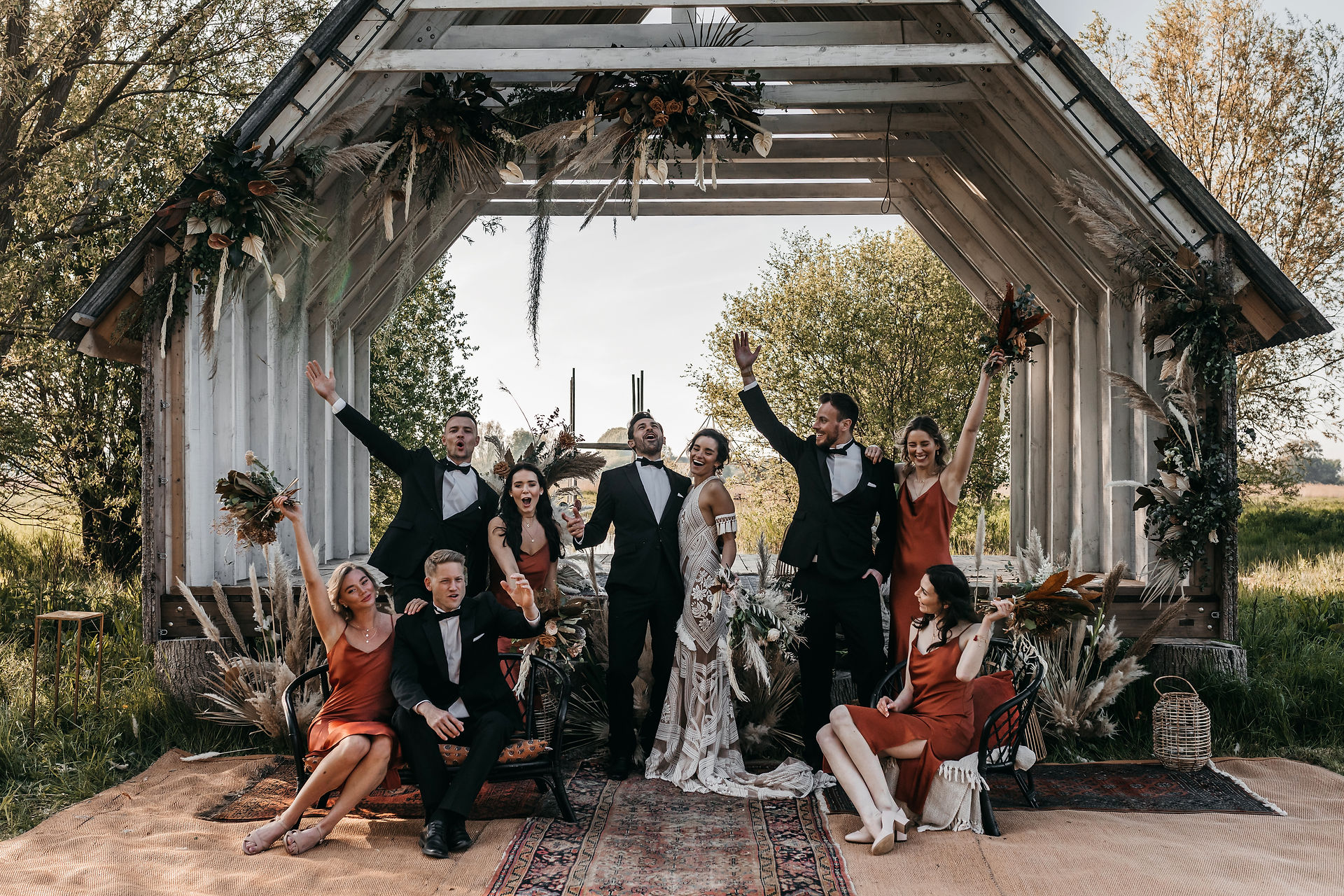 boho bridal party group photo at wilderness weddings