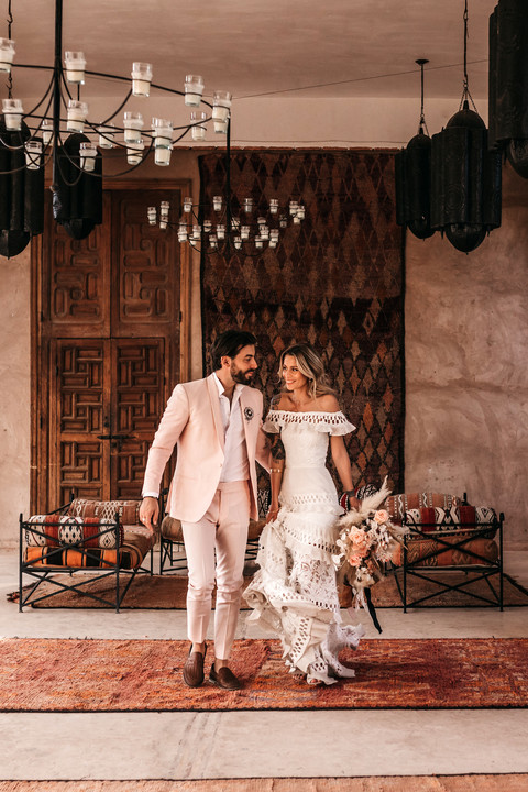 Bride and groom at Beldi Country Club for their intimate destination elopement wedding day in Marrakesh