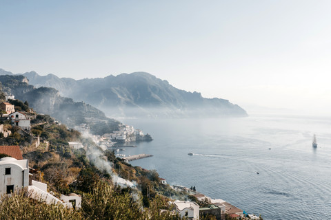 views of the sea and mountains on the Amalfi Coast taken from the terrace at Le Neredi wedding venue