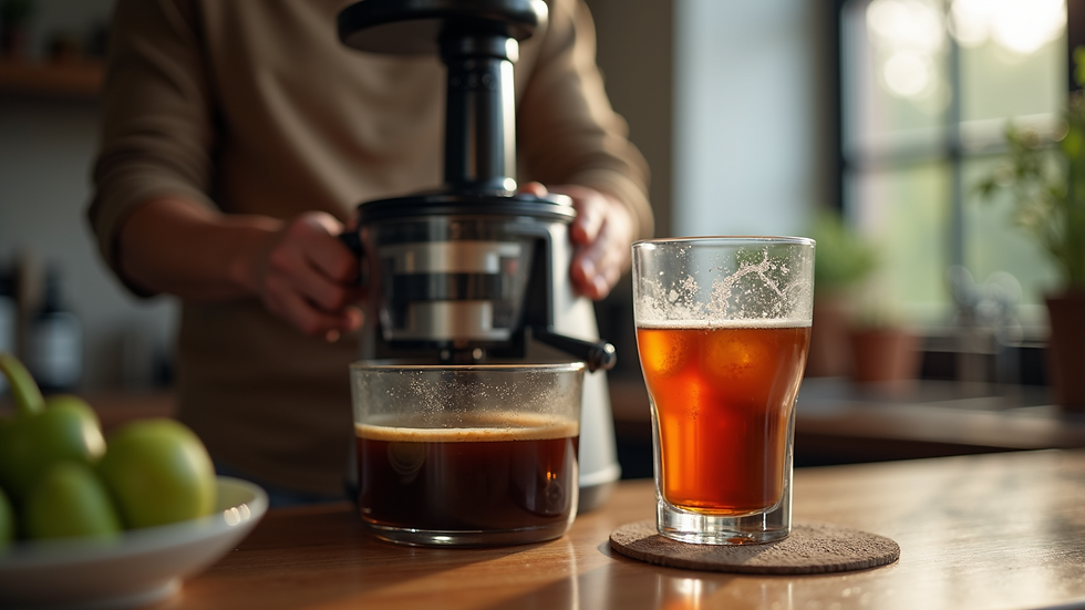 Close-up view of a cold-press juicer in action
