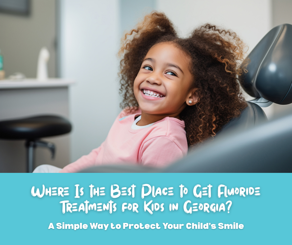 Child smiling in dental chair at Agape Pediatric Dentistry in Peachtree Corners, GA during a comfortable pediatric visit focused on preventive dental care