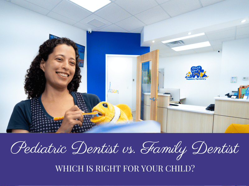 Dr. Lis demonstrating toothbrushing on a plush fish at Once Upon a Tooth pediatric dental office in Eastchester.