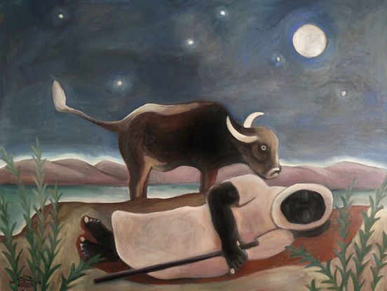 Once upon a time, in the supposed home of the biblical Eden, the Marsh Arabs lived happily ever after for some 6000 years, surrounded by thriving, biodiverse green wetlands. Now the lands of the mythical Mesopotamian Marshes, home to the last descendants of the ancient Sumerians, are being devastated by geopolitical tensions and climate change.
The painting depicts a Marsh Arab woman with her water buffalo in a state of solastalgia. With this painting I begin my journey through the gardens in crisis, in search of hope for the disappearing worlds.