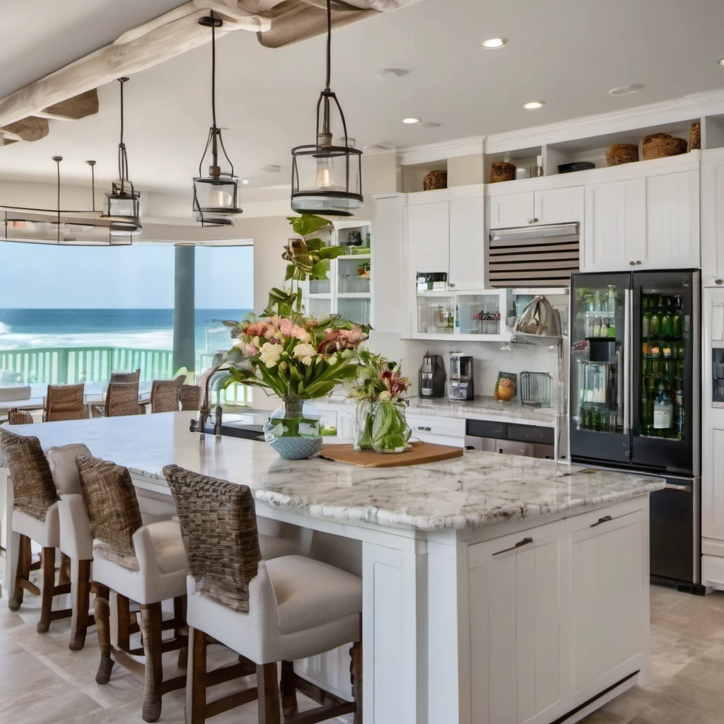 Luxury kitchen with large island in vacation home overlooking the beach.