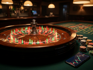 Gambling in the stock market: a casino roulette wheel filled with glowing red and green stock charts beside casino chips and a phone showing a trading app