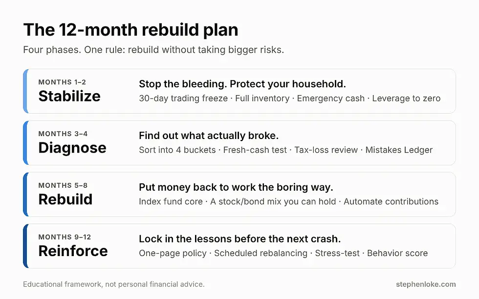 12-month portfolio rebuild roadmap in four phases: Stabilize (months 1-2), Diagnose (months 3-4), Rebuild (months 5-8), Reinforce (months 9-12)