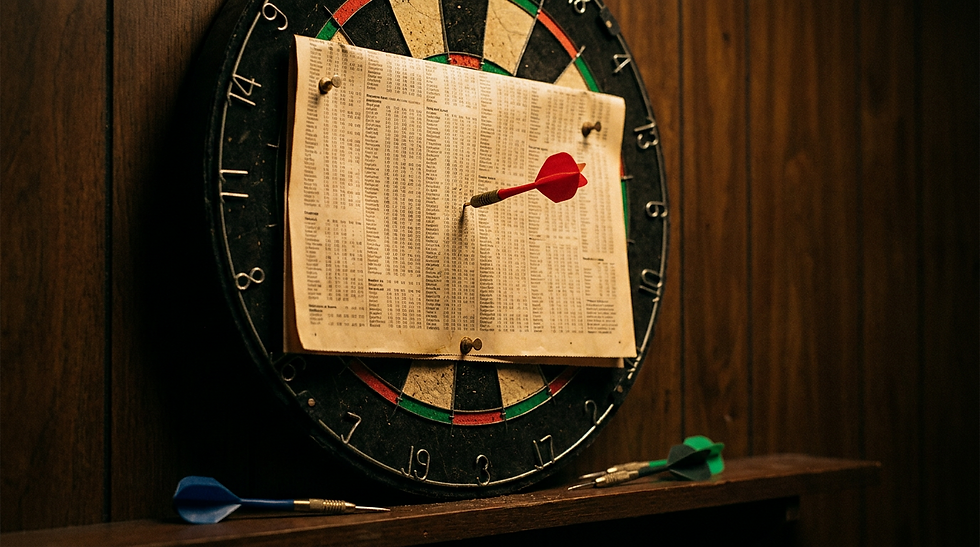 Dartboard stock picking contest: a red dart stuck in a dartboard covered with a financial newspaper page of stock price tables