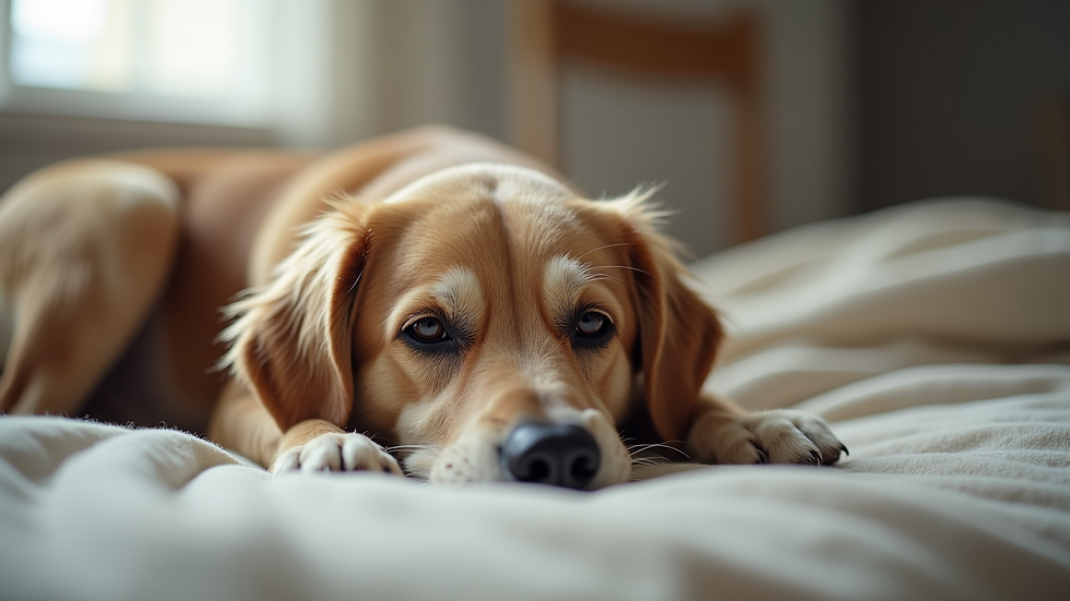 Eye-level view of an elderly dog resting comfortably on a soft bed