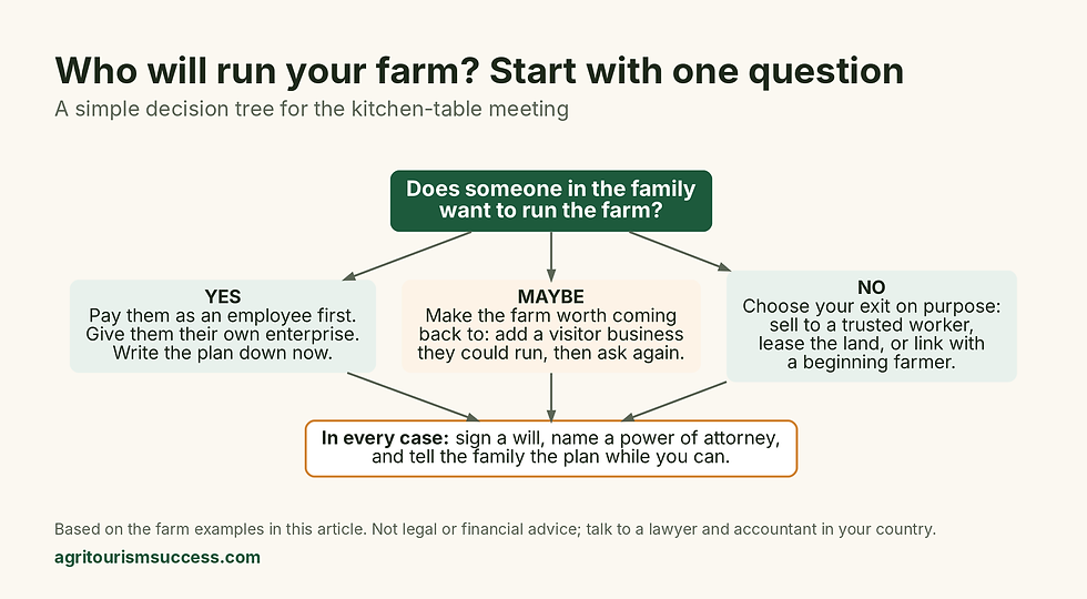 Decision tree for farm succession: if a family member wants the farm, pay them and write a plan; if maybe, add a visitor business; if no, sell to a trusted worker or lease the land