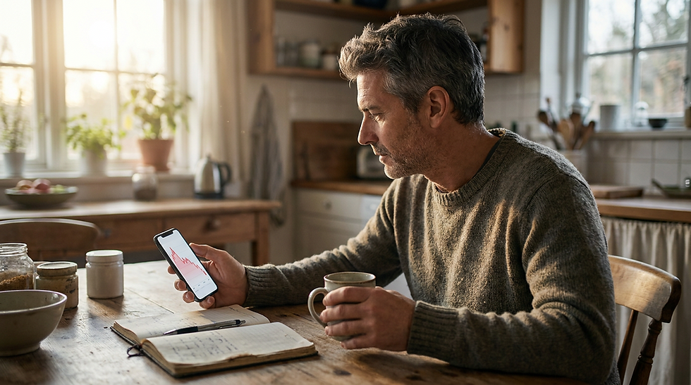Stock market dropped 20 percent: a calm investor in his fifties drinks his morning coffee while checking a falling red stock chart on his phone
