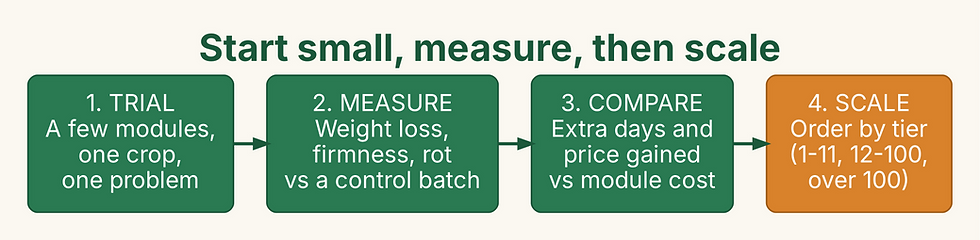 Four-step trial plan for distributors: start with a few modules, measure weight loss and quality against a control batch, compare the selling price gained, then scale to a full container order