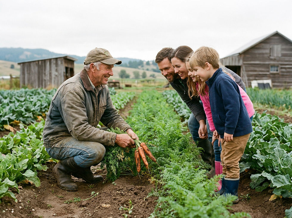 Farmer showing a family of visitors how to pull a carrot from the soil
