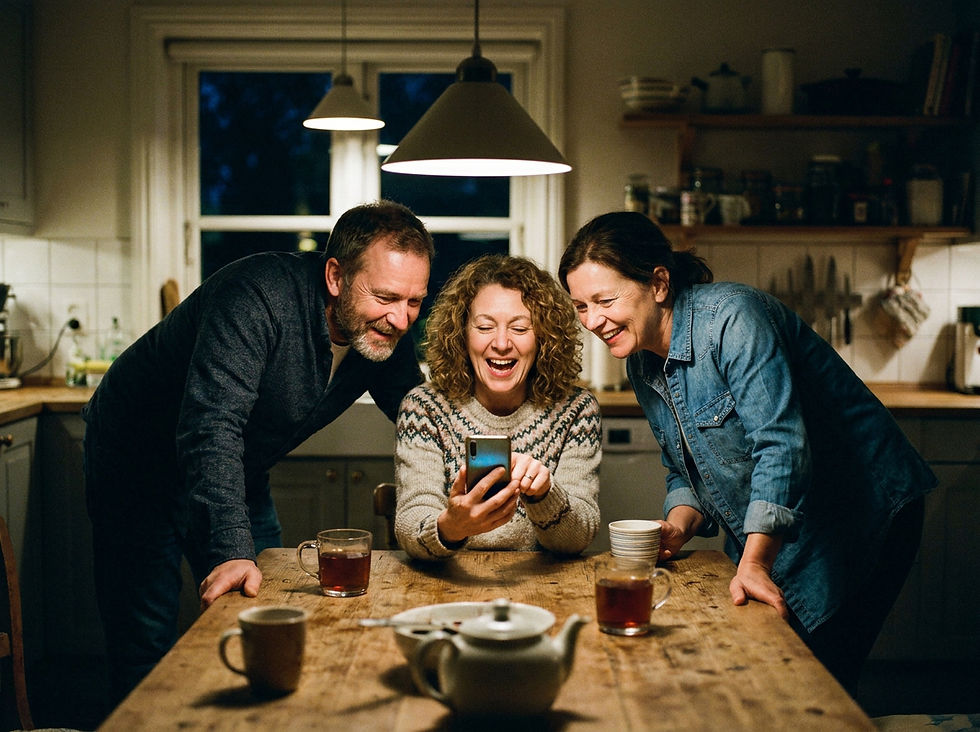 Friends at a kitchen table looking at photos from a farm visit on a phone