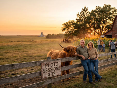 Small farm agritourism: farm couple beside a Highland cow at a fence with a $42 photo sessions sign while a family is photographed in a sunflower patch by an old red barn