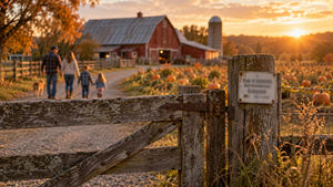 Agritourism liability warning sign on a farm gate with visitors arriving