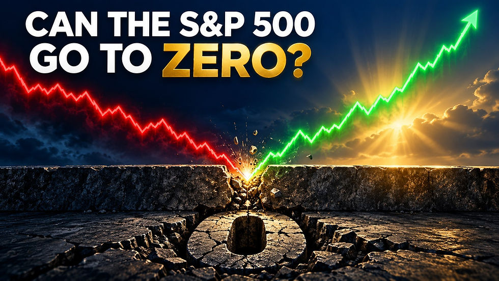 Can the S&P 500 go to zero? A red stock market crash line hits a solid stone floor above a cracked zero and bounces into a rising green line
