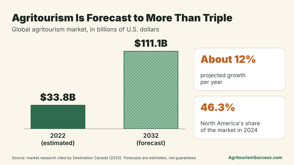 Chart of the global agritourism market growing from 33.8 billion dollars in 2022 to a forecast 111.1 billion dollars in 2032