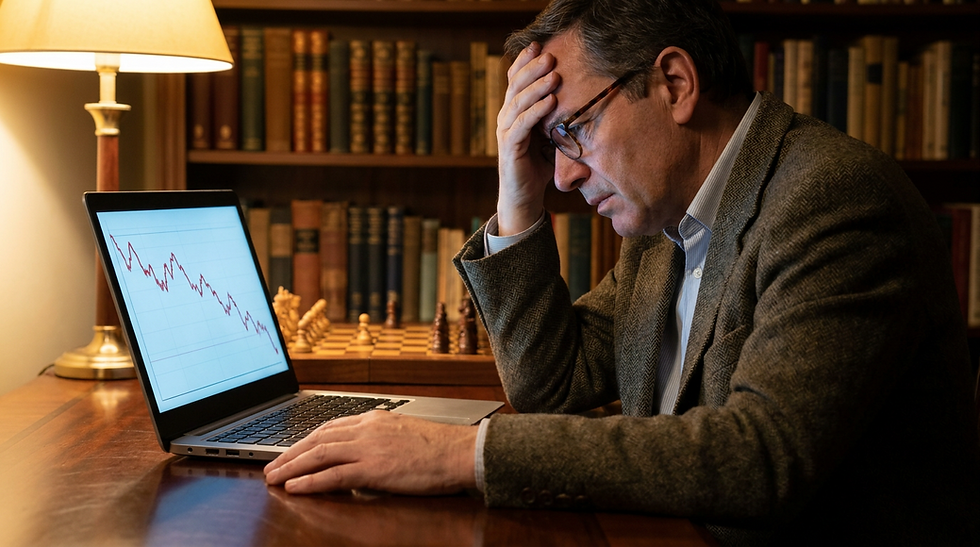 Why smart people lose money in the stock market: a well-dressed professional at his desk at night, head in hand, staring at a falling red stock chart on his laptop