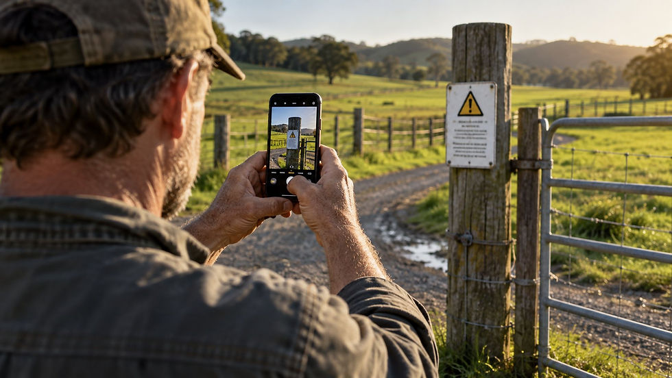 Farmer photographing a posted warning sign as proof of compliance
