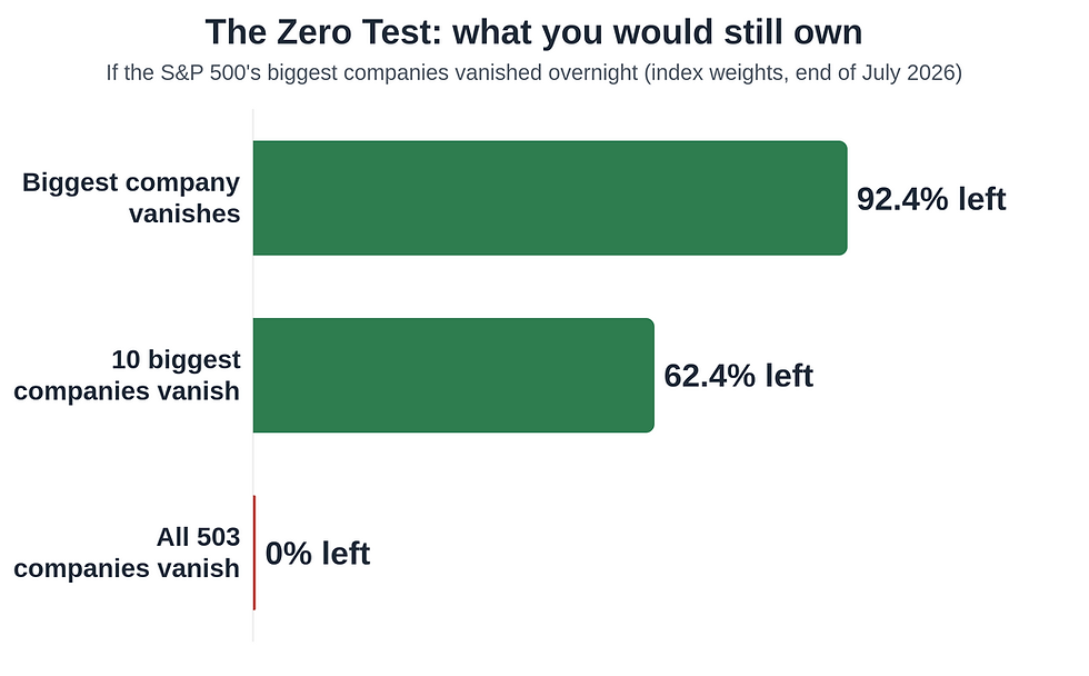 Can the S&P 500 go to zero: Zero Test chart showing an investor keeps 92.4% if the largest company vanishes, 62.4% if the 10 largest vanish, and 0% only if all 503 vanish