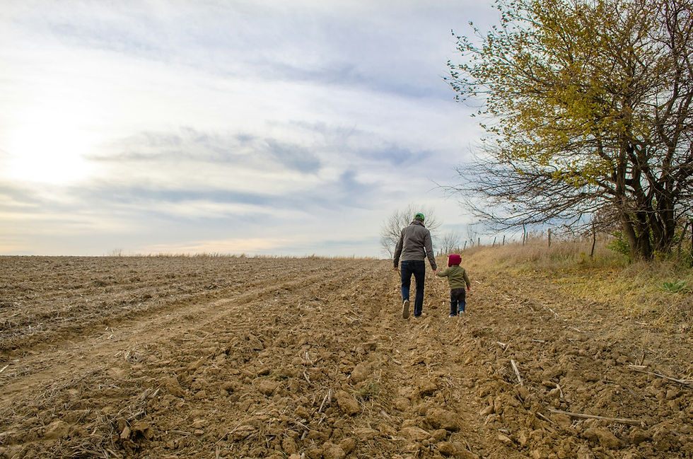 A father walking with his young child in a rural farm field, the kind of simple farm visit that draws paying families to small farms