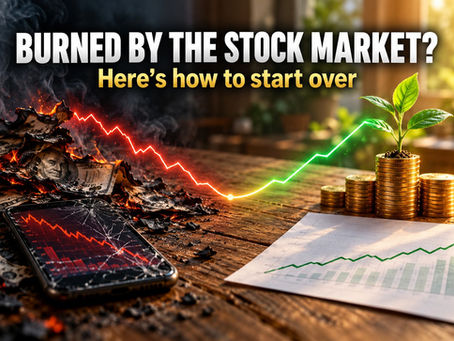 Burned by the stock market? How to start over with index funds: burned cash and a crashing stock chart turning into a rising chart with gold coins and a green seedling