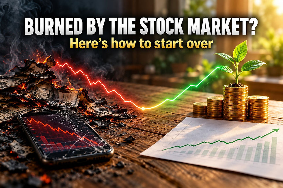 Burned by the stock market? How to start over with index funds: burned cash and a crashing stock chart turning into a rising chart with gold coins and a green seedling