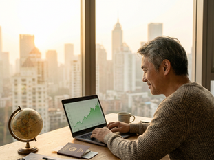 A man in his fifties at a desk at sunrise checking a rising S&P 500 chart on his laptop beside a globe and a passport, investing in the S&P 500 from outside the United States