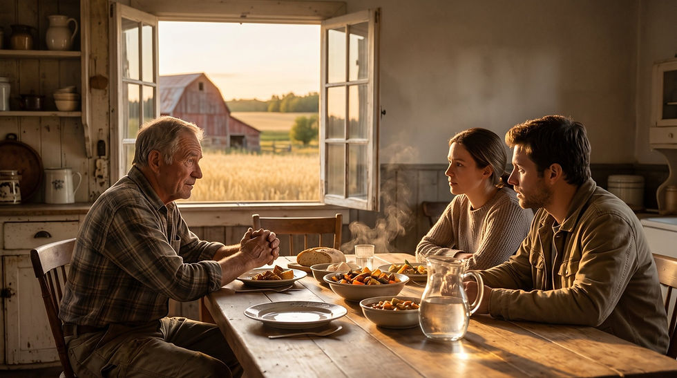 Farmer talking with his adult daughter and son at the farm kitchen table about farm succession