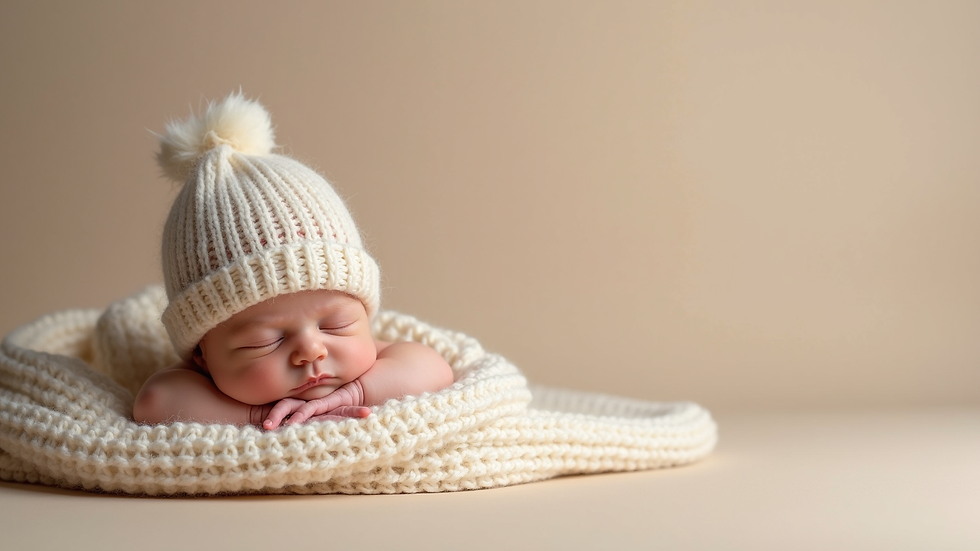 Close-up view of a soft knitted baby hat and blanket on a neutral backdrop