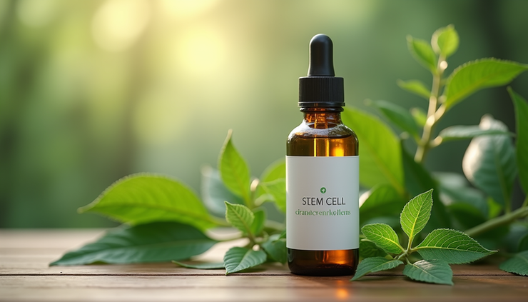 Eye-level view of a skincare bottle with plant stem cell extract surrounded by fresh green leaves