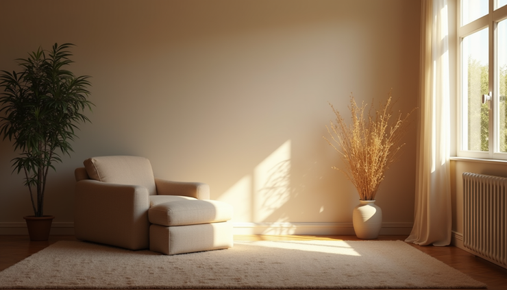 Eye-level view of a peaceful room with soft lighting and a comfortable chair for a mediumship session