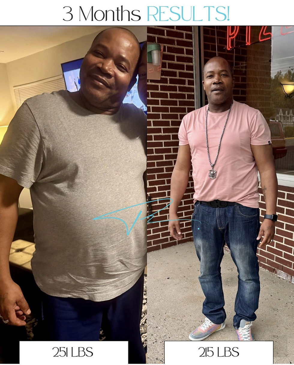 Before-and-after weight loss results over 3 months, 251 to 215 pounds, male client standing indoors
