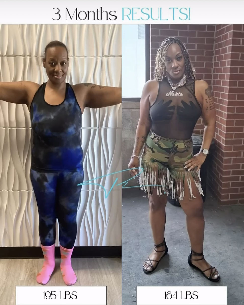 Before-and-after weight loss results over 3 months, 195 to 164 pounds, female client standing indoors