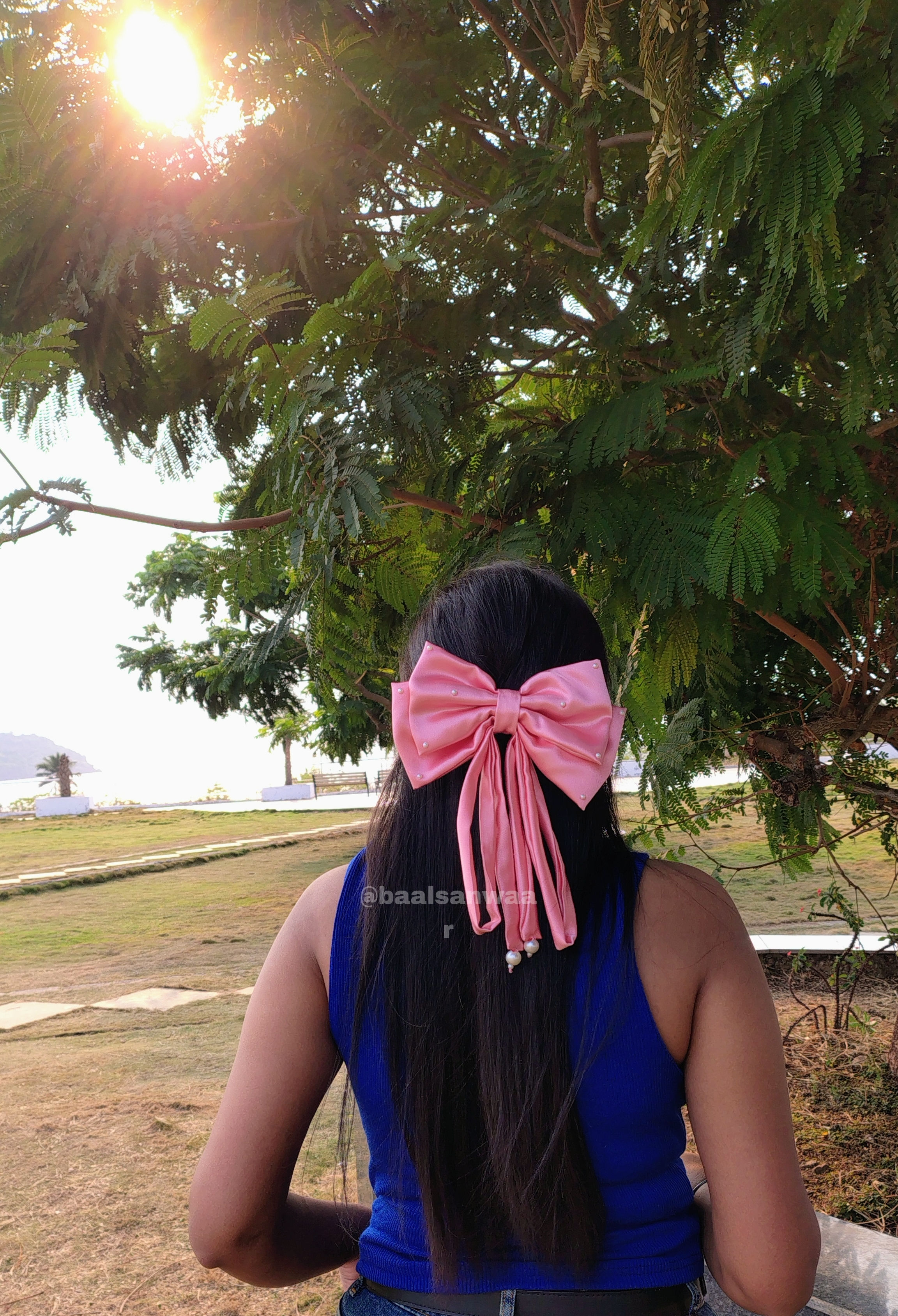 Pink Satin Silk Ribbon Double Bow Long Tail With Pearl Drops